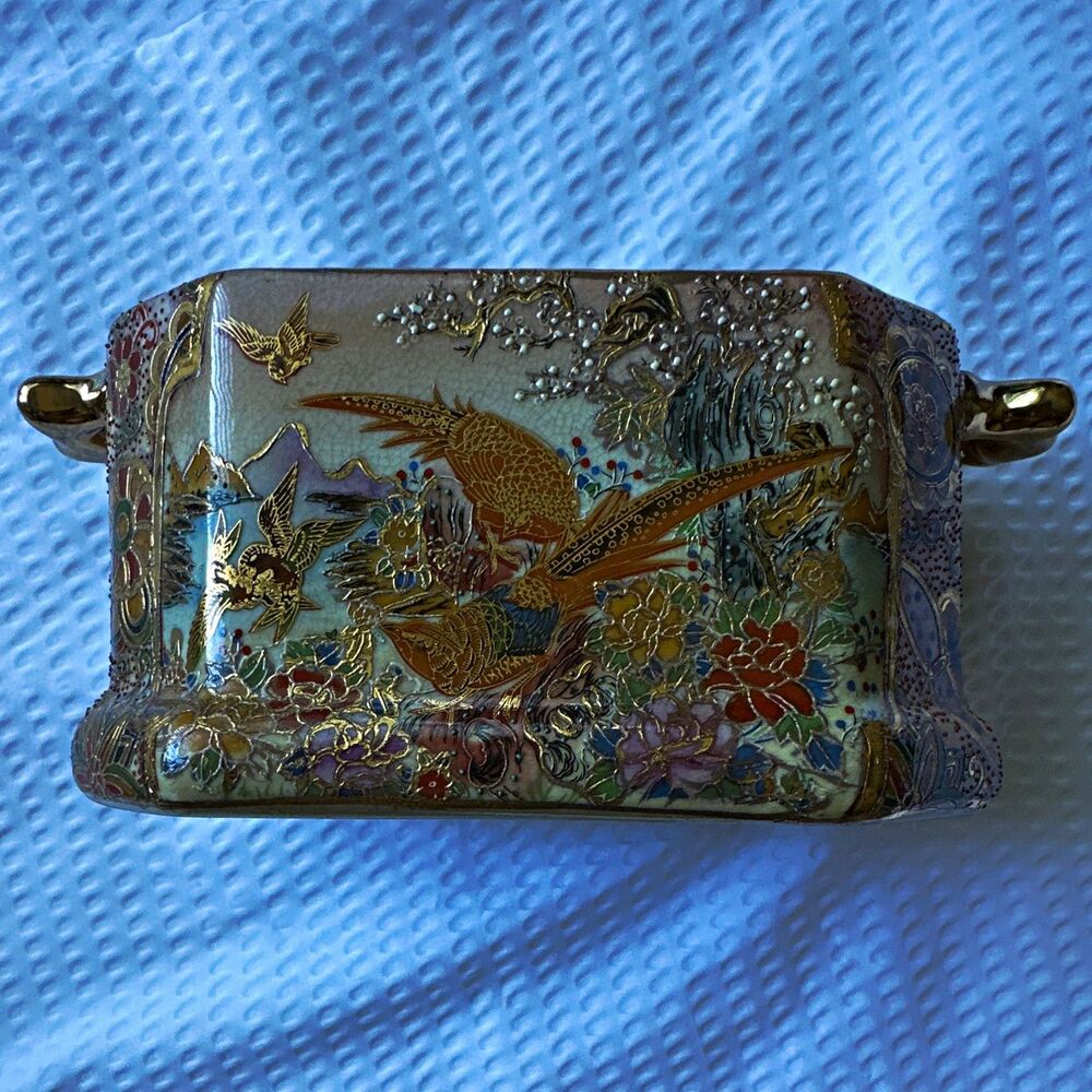 Japanese Kutani Style Hand-Painted Handled Vase/Jar, Gold Bird Floral, 8 in